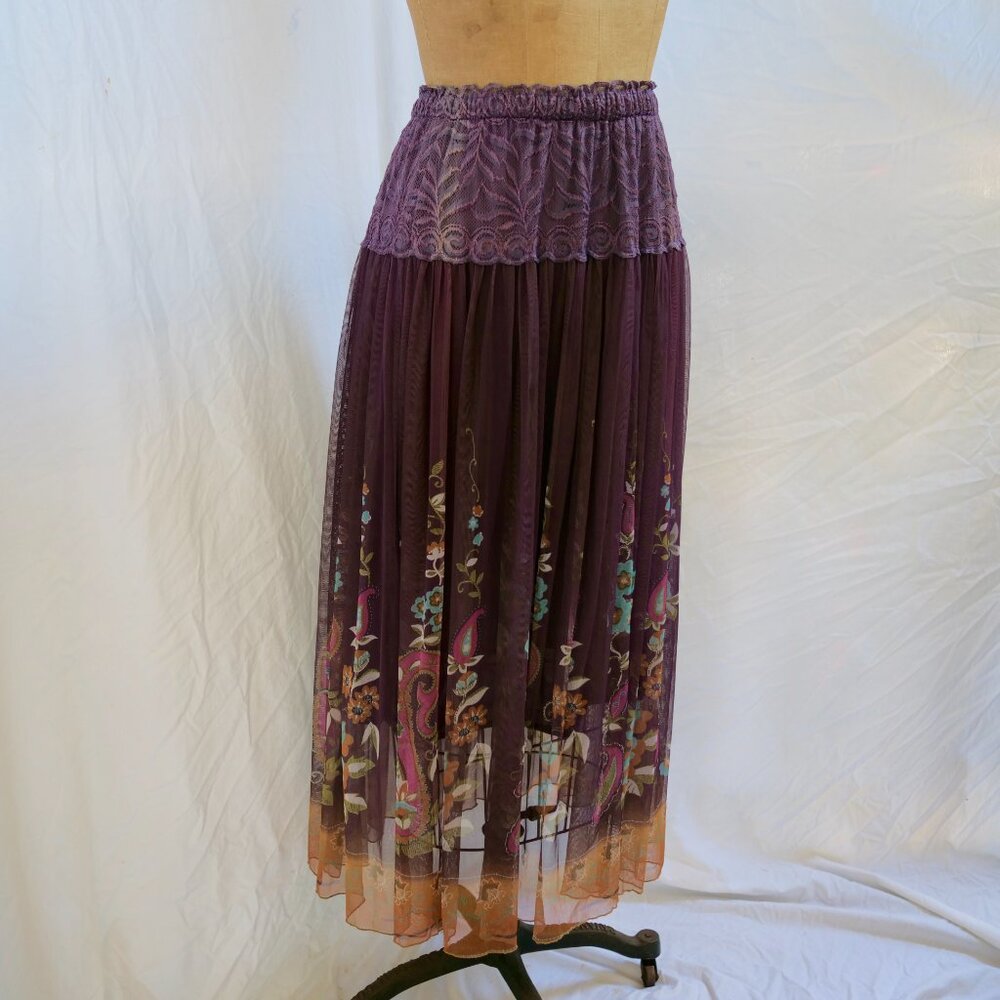 RIO COLLECTION Mauve Plum Floral Chiffon Full Soft Pleated Skirt Boho M/L EUC - Picture 4 of 9